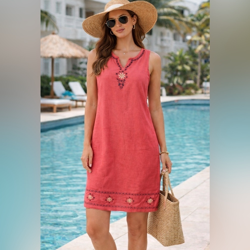 Sag Harbor Pink Sheath Linen Blend Midi Dress with Scoop Neck